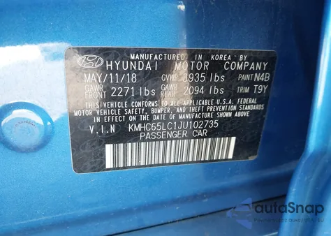 2018 Hyundai Ioniq Hybrid Blue z USA, uszkodzony, nr VIN KMHC65LC1JU102735